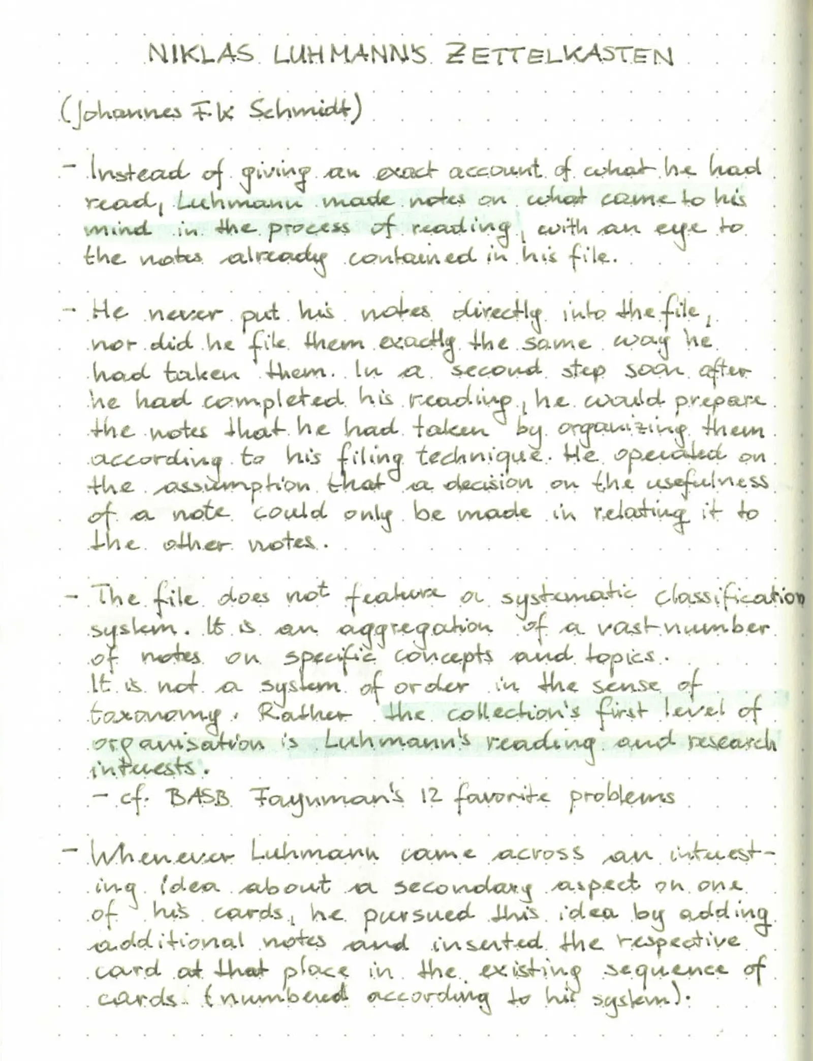 Niklas Luhmann's Zettelkasten (excerpt from J. Schmidt's paper), first handwritten page